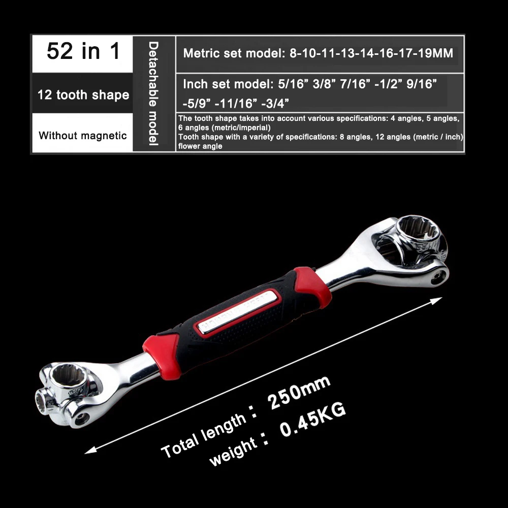 

52In1 Double Head Wrench Set 360 Rotation Multitool To Dog Bone Wrench for Car Repair Tools Universal Wrench Card Packaging