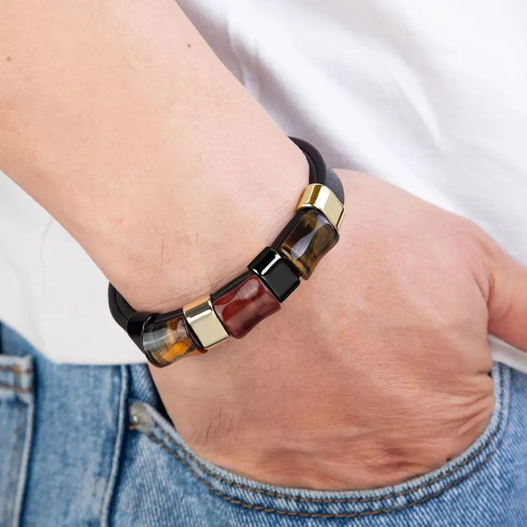 Мужской кожаный браслет из нержавеющей стали тигровый глаз | Украшения и