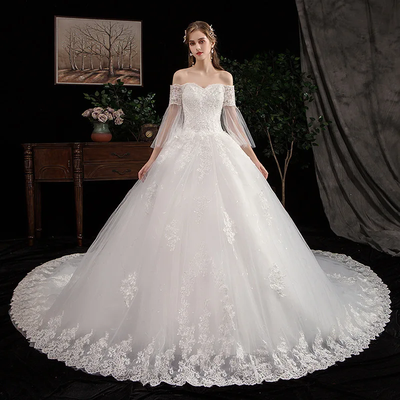 Bride Shoulder Large Size Lace Long Tailed Court Shiny mermaid boho Dress beach ball gown Wedding dresses floor length gowns | Свадьбы и