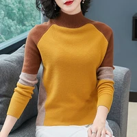 new arrival 2020 autumn winter women knitted pullover sweater elegant vintage contrast color patchwork turtleneck sweater