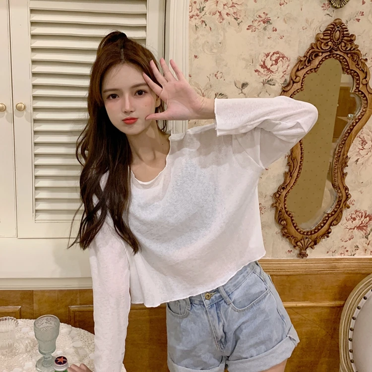 

White T Shirts Women Clothes Long Sleeve Casual O-neck Tees Korean Style Spring Autumn Solid Loose Ladies Crop Top Ins Hipster