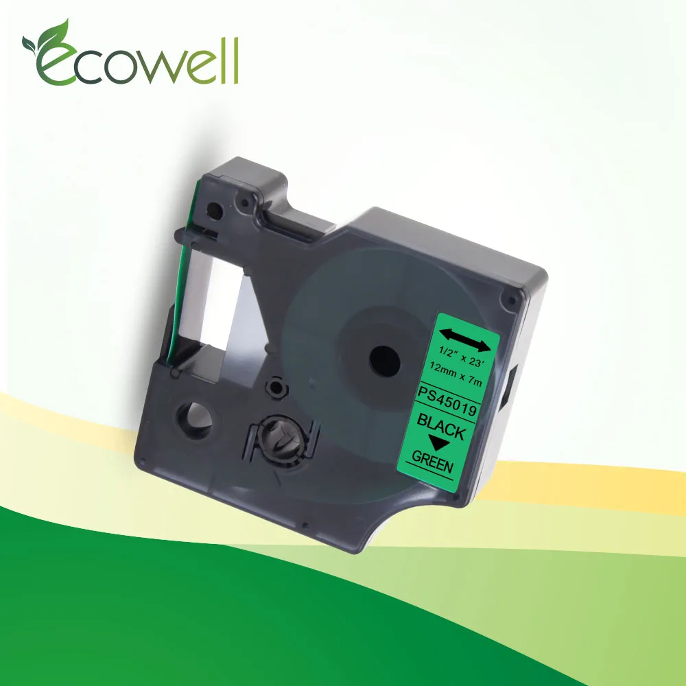 

Ecowell 1pcs 12mm label tape 45019 Black on Green laminated ribbon compatible for Dymo LabelManage label maker 150 160 210D 280