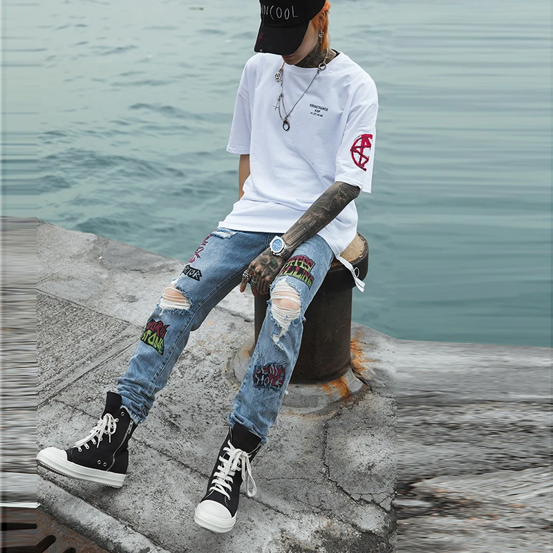 Узкие брюки с дырками размера плюс уличная одежда граффити Vaqueros Hombre рваные