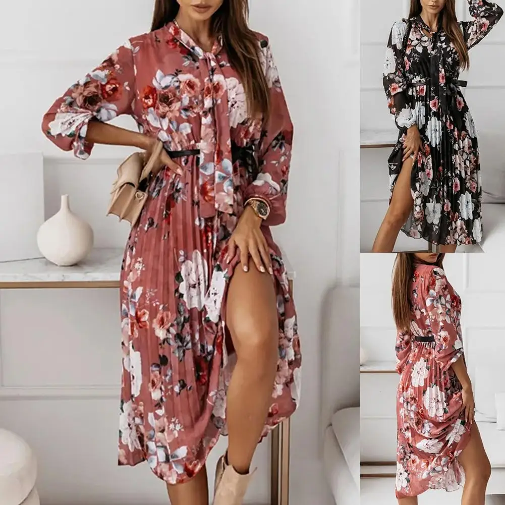 

French Vintage Floral Dress for Women 2021 Autumn Long Sleeve Elegant Lace Up Pleated Midi Dresses Female Vestido