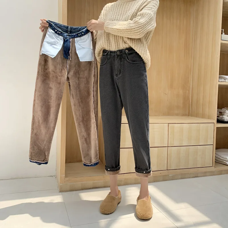 

Новые шаровары на флисе с множеством пуговиц, женские свободные трендовые плотные теплые бархатные мягкие удобные джинсовые брюки для женщ...