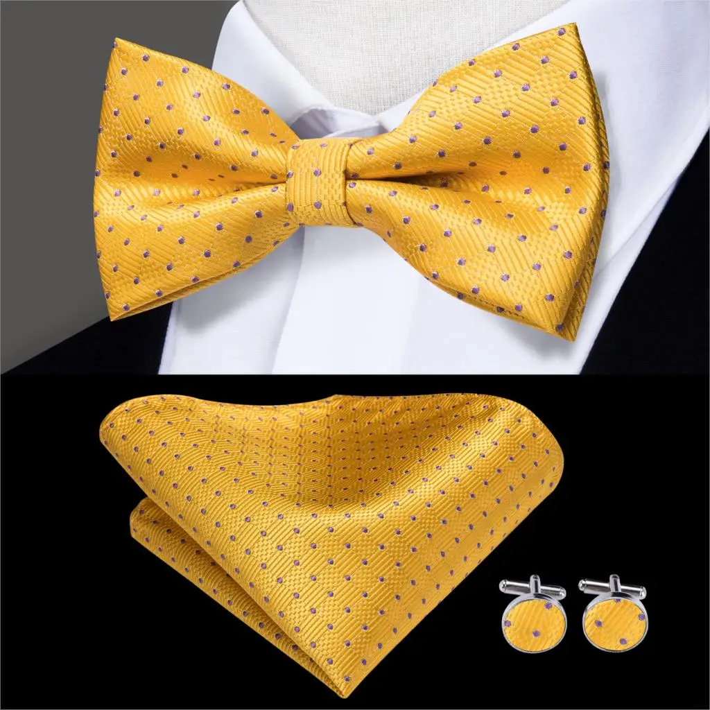 LH-740 Hi-Tie Classic Gold Bow Ties for Men Silk Butterfly Pre-Tied Bow Tie Pocket Square Cufflinks Set Wedding Party Yellow Bowtie - Цвет: LH-740