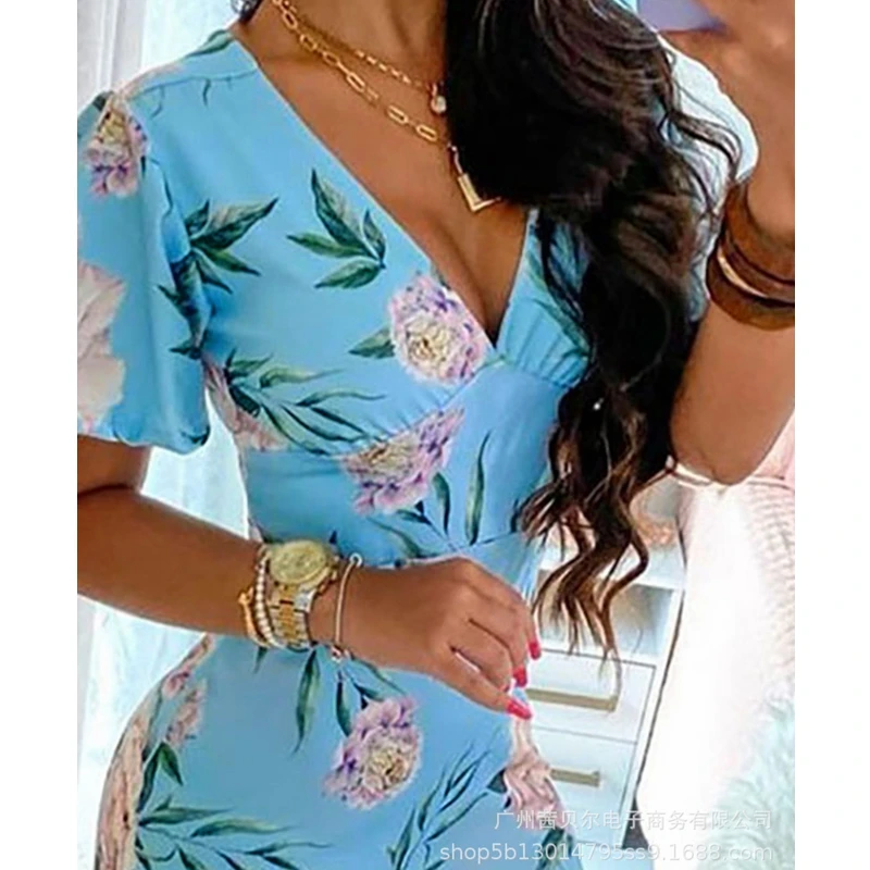 

Mandylandy Dress Summer Sexy V-neck High Waist Floral Print Dress Women's Casual Slim Short Sleeve Dress