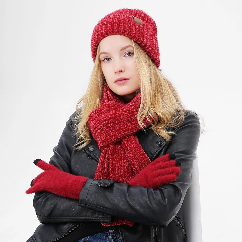DCEBEY Winter Beanie Hat &amp Scarf Set for Women Autumn 3 PCS Slouchy Infinity Scarves Knit Skullies Beanies Hats Girl |
