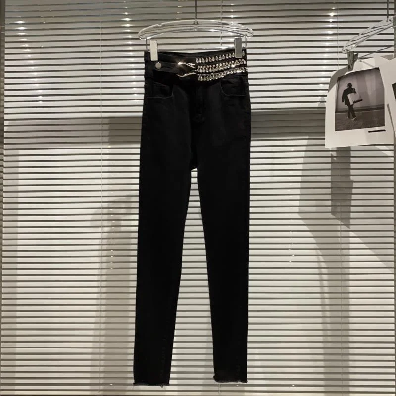 

2022 Spring Autumn New Denim Pants High Waist Diamond tassel decoration Slim Denim Pencil Pants