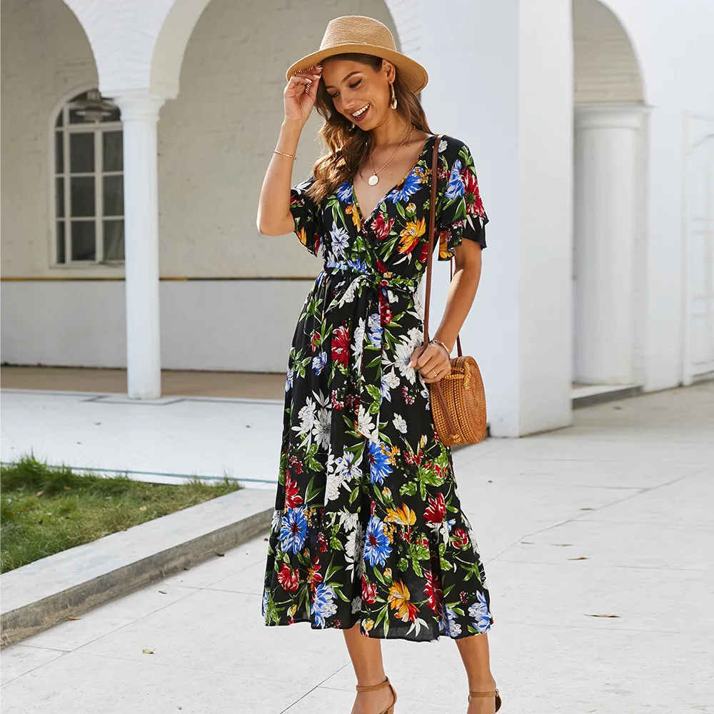 

Summer Bohemian Printed Long Dress Elegant Halter V Neck Short Sleeve Party Dress Women Sexy Slim Elastic Waist Maxi Dress