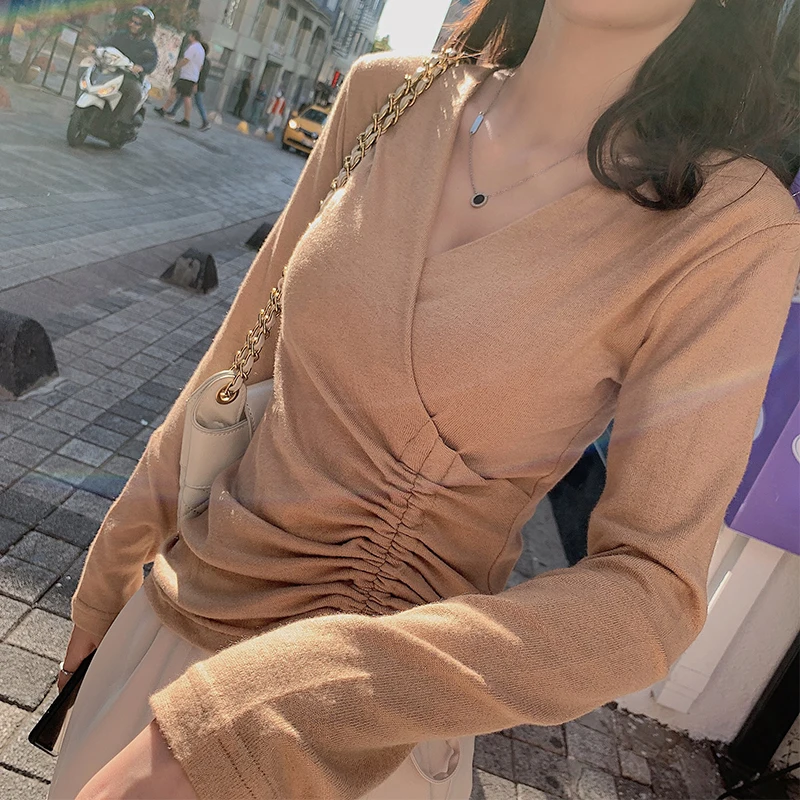 MISHOW корейский стиль винтажный вязаный свитер с длинным рукавом и v-образным вырезом уличная тонкая женская рубашка MX19C5435