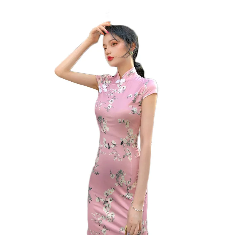 

Summer 2021 New Korean Style Retro Temperament Printed Republic of China Cheongsam Long Dress for Women Slim Fit Slit
