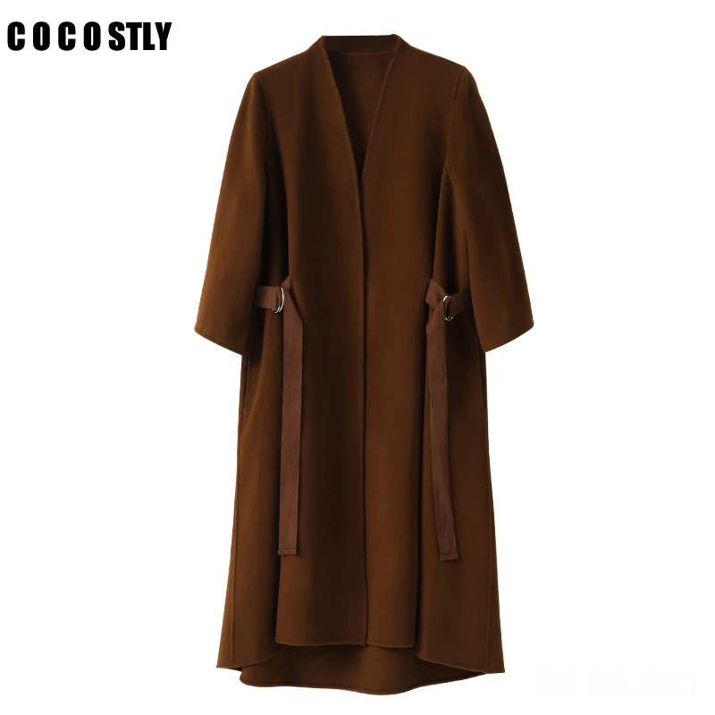 Autumn Winter Coat Women's Casual Wool Blend Trench Oversize Long with belt Women Outerwear | Женская одежда