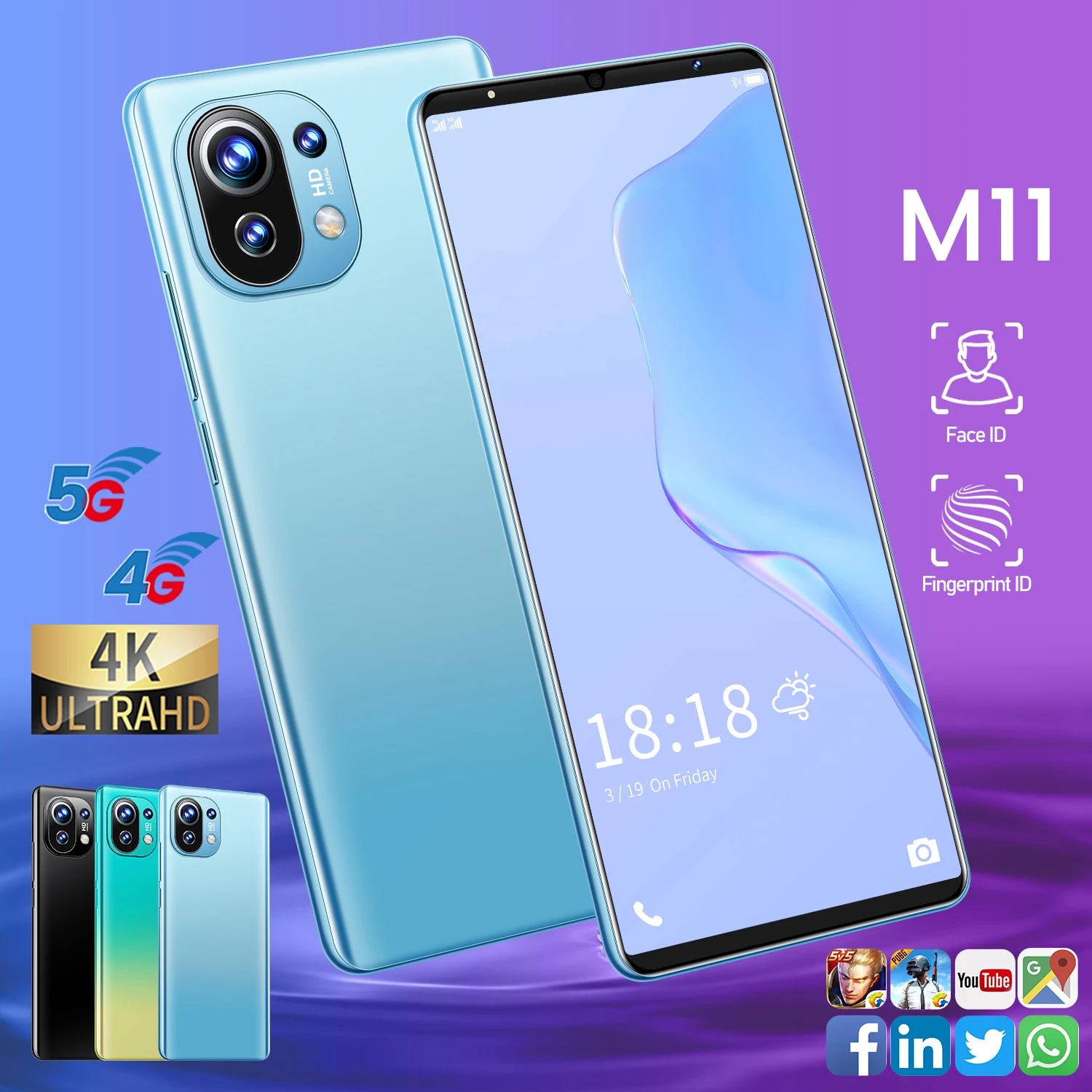 

New Arrival 2021 M11 6.1Inch Full Screen 1440*3200 24MP+32MP 5200MAH 6+128GB Strong 10 Core Dual SIM Finger Face ID Mobile Phone