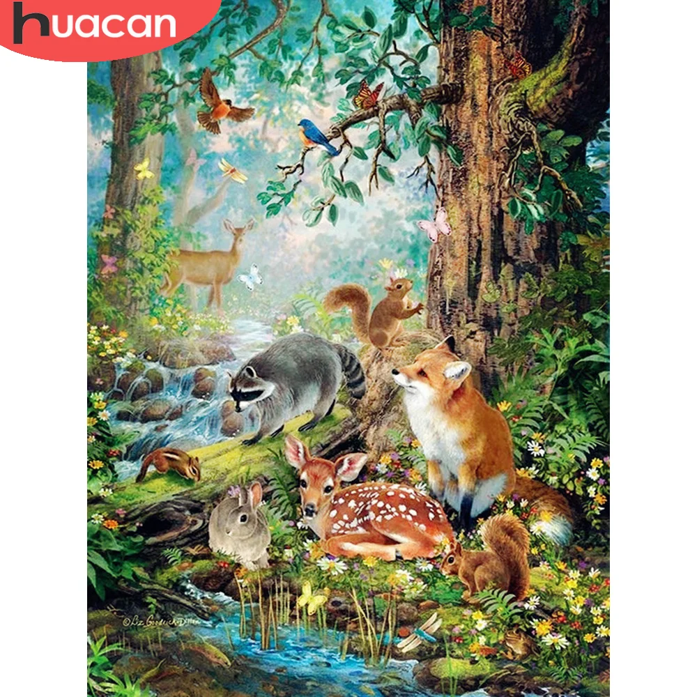 

Алмазная живопись HUACAN, 5D Вышивка крестиком, лес, пейзаж, «сделай сам», мозаика с животными, домашний декор