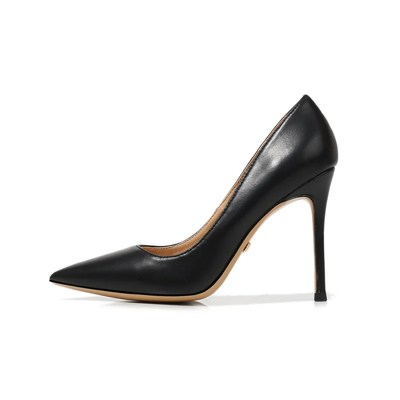 

Straight 2021 leather black high heels women's new soft thin heel pointed shallow mouth 10cm big sky high