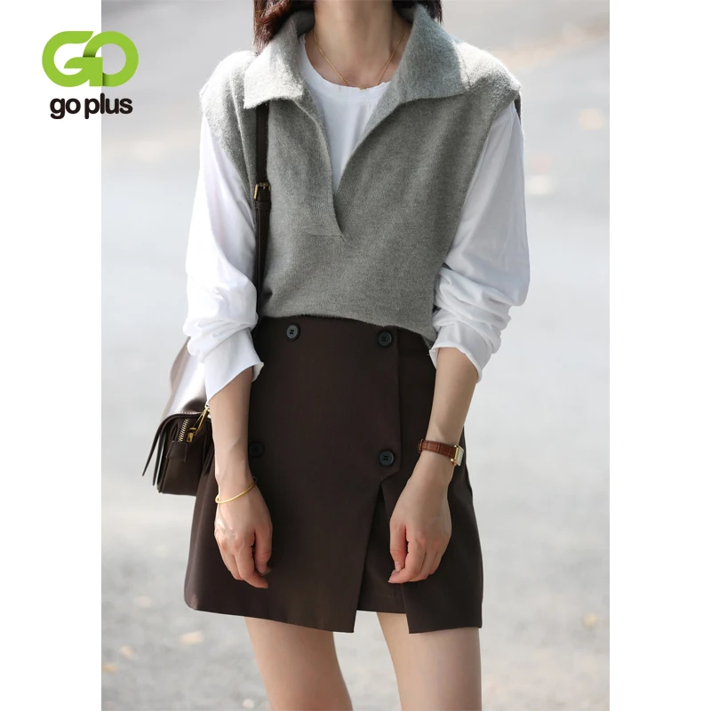 

GOPLUS Sweater Vest Korean Women 2021 Fashion Vintage Sweaters Black Knitted Vests Top Pull Sans Manche Colete Feminino Inverno