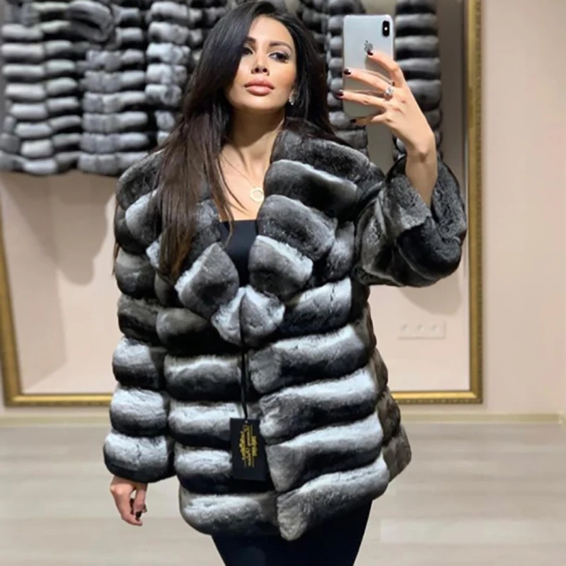 2022 Trendy Real Fur Coats For Women Winter Outwear High Quality Full Pelt Rex Rabbit Fur Jacket Turn-down Collar Outfit Luxury
