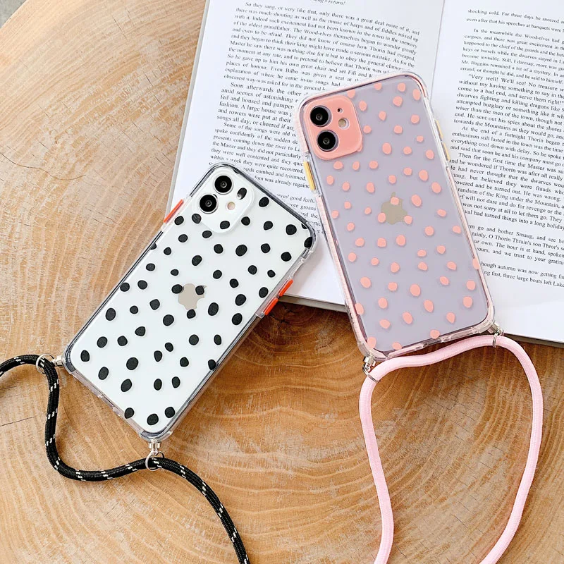 

Wave Point Strap Cord Chain Transparent Phone Case For iPhone 12Mini 11 Pro XS Max XR X 7 8 Plus SE Neck Lanyard Carry Hang Case
