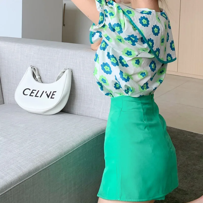 

2021 Summer Two Piece Sets Womens Outfits Women Blouse Korean Floral Printed Crop Top Shirts+Fashion Split Bodycon Skirt Shorts