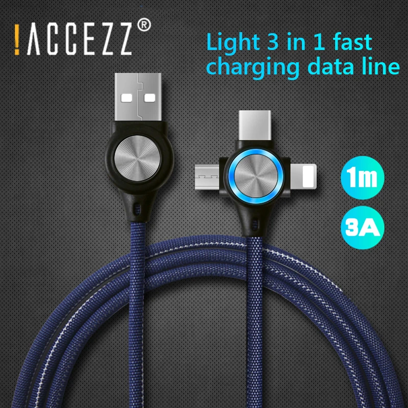 

!ACCEZZ USB Cable For iPhone 11 12 Pro Xs X 3 in 1 Charging Cables For Android Xiaomi Samsung Huawei Mobile Phone Data Sync Cord