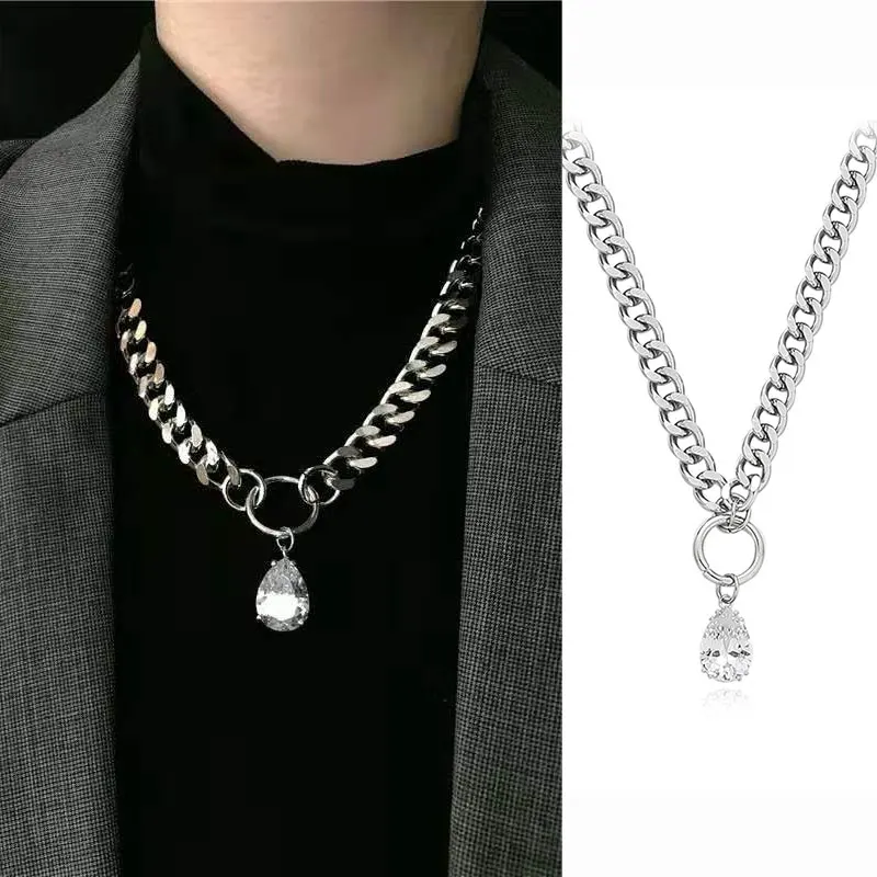 

xiaoboACC Goth Meta Thick Chains Hip Hop Thicken Water Drop Zircon Pendant Necklace for Women Men Jewelry 2021