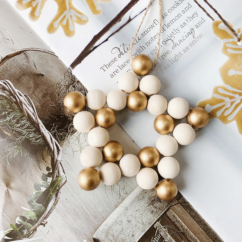 

Handmade Woven Wall Decor Wooden Beads Wind Chime Pentagram Tassel String Children Room Home Decoration Hanging Ornaments