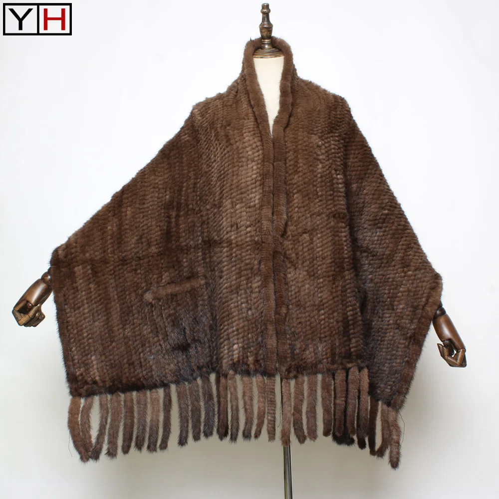 Женская шаль из 100% натурального меха норки шарф зимняя Модная вязаная длинная