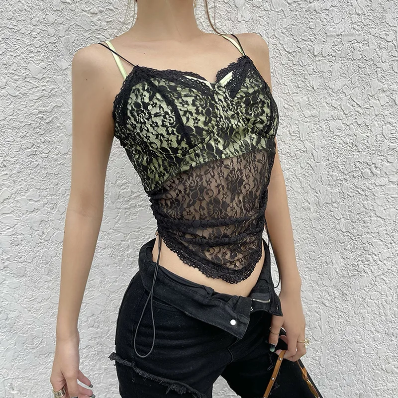 

Women Sexy Drawstring Spaghetti Straps Backless Slim Solid Lace Camisole White Black Fashion Patchwork Crop Top Street Club Vest