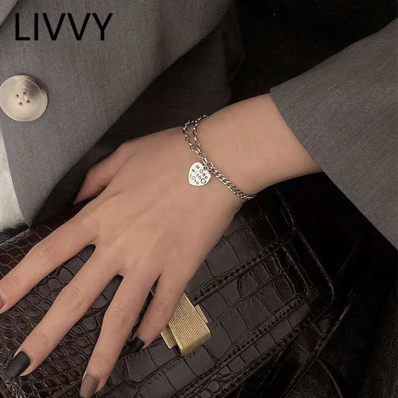

LIVVY Simple Heart-Shaped Letter Bracelet for Women Creative Design Thai Silver Color Elegant Birthday Party Jewelry Gift