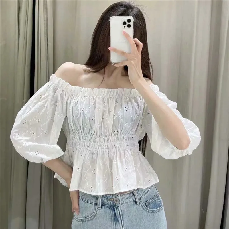 

NWOMN 2021 Za Top Women White Off Shoulder Top Female Cut Out Embroidery Puff Sleeve Cropped Summer Blouse Ruched Ruffle Blouse