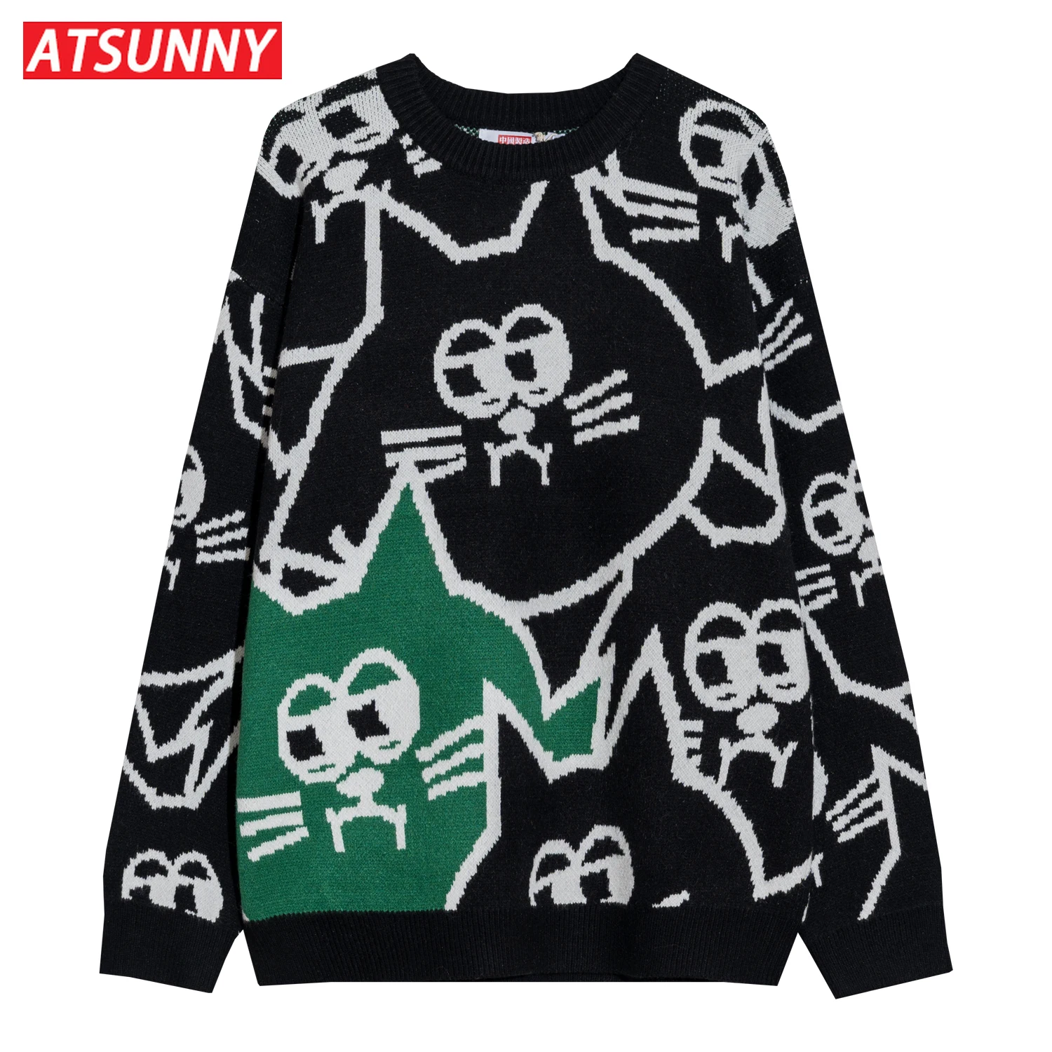 

ATSUNNY animal Cartoon sweater Streetwear cat Fashion Knitted O-neck sweater Pullover HipHop Casual Couple Autumn clothes