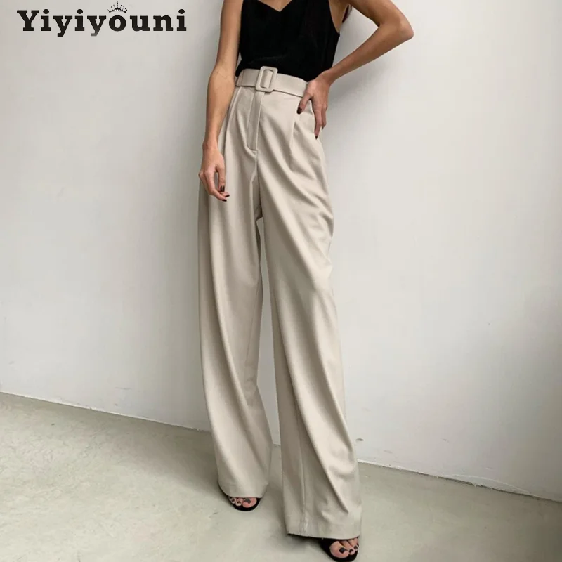 

Yiyiyouni High Waist Straight Suit Pants Women Spring Summer Drape Mopping Loose Pant Female Sashes Casual Cozy Trousers 2022