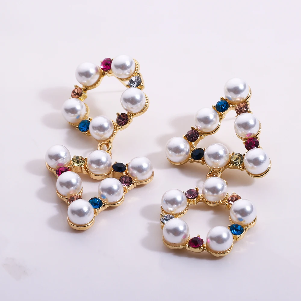 

New Colorful Personality Asymmetric Design Geometric Crystal Stone Pearl Stud Earring For Women Girls Trendy Jewelry Gift
