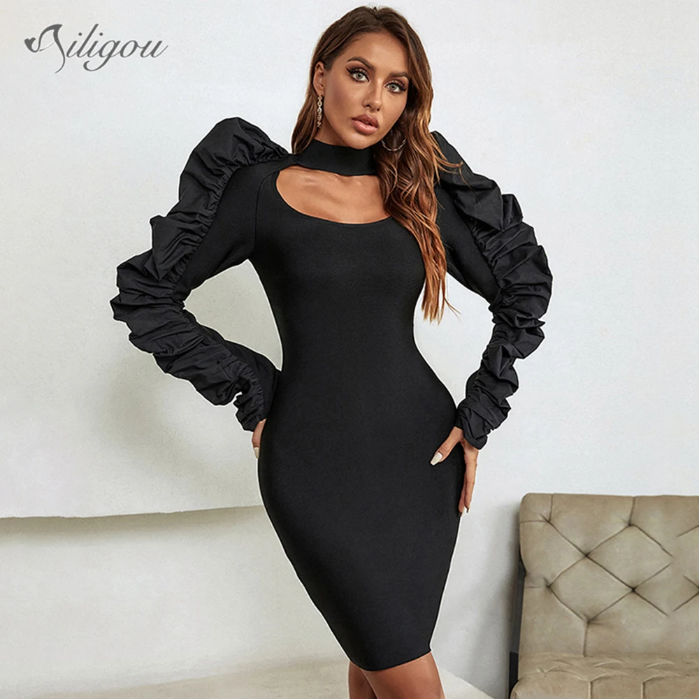 

Ailigou 2022 New Summer Women'S Black Ruffled Sexy Hollow Long-Sleeved Bandage Dress Mid-Length Elegant Celebrity Party Dress