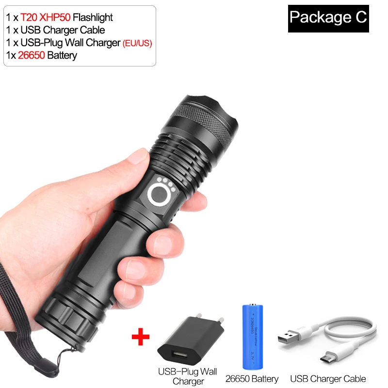 Package C 7500 люменов XLamp 3* XHP50 самый мощный светодиодный фонарик usb Zoom фонарь xhp70.2 xhp50 18650 или 26650 перезаряжаемый аккумулятор для охоты - Испускаемый цвет: Package C