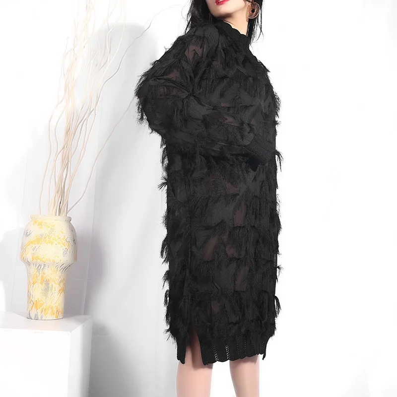 

[EAM] 2021 New Spring Autumn Stand Collar Long Sleeve Black Perspective Split Joint Big Size Dress Women Fashion Tide JI78