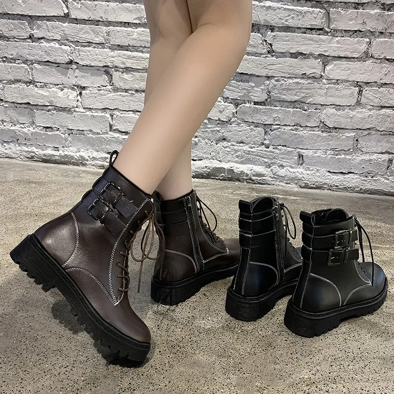 Autumn Winter Women Fashion Lightweight Comfortable Round Toe Shoes Ladies Lace-up Thick-soled Non-slip Women's Platform Boots