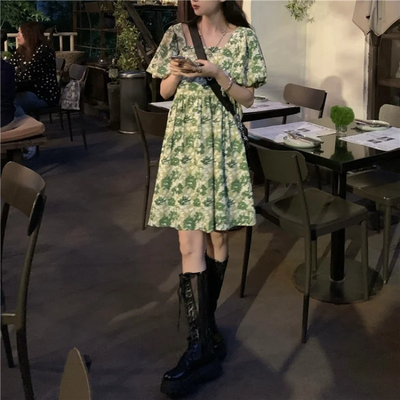 

Green Dress Women's Summer Retro French Floral Dress Square Neck Puff Sleeve First Love Dress