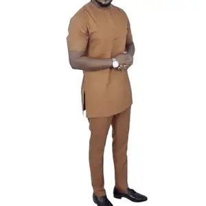 2021 африканская мода однотонный имбирный мужской костюм для жениха королевские Топы + брюки изготовленные на заказ мужские Дашики с коротким рукавом рубашка и брюки комплекты