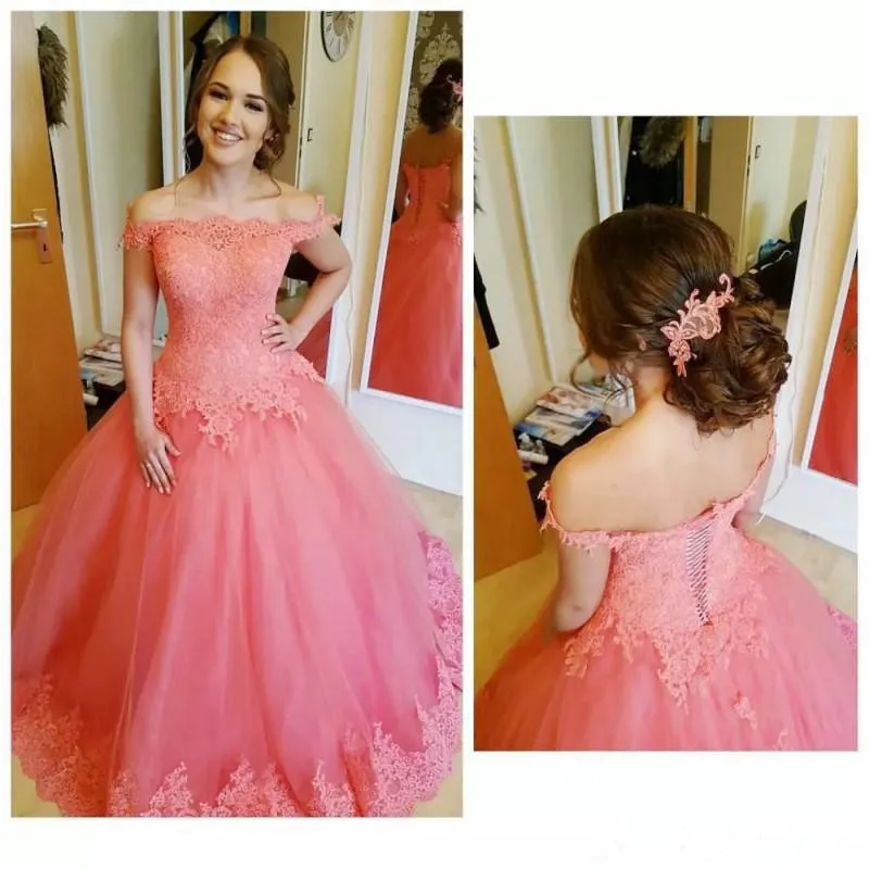 Коралловые платья Quinceanera с открытыми плечами кружевные аппликации кружевное