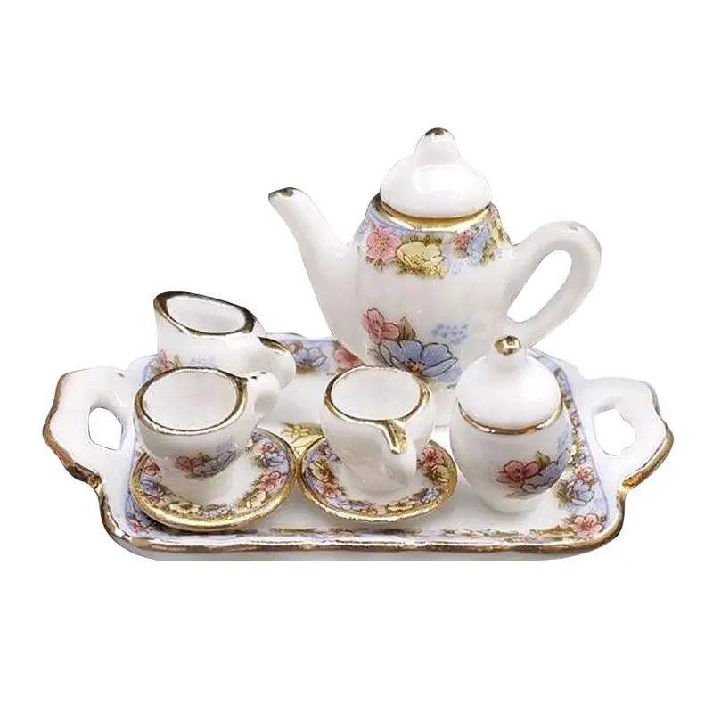 

G2AD 1:12 Dollhouse Miniature Porcelain Pink and Gold Tea Set Decorative Accessories