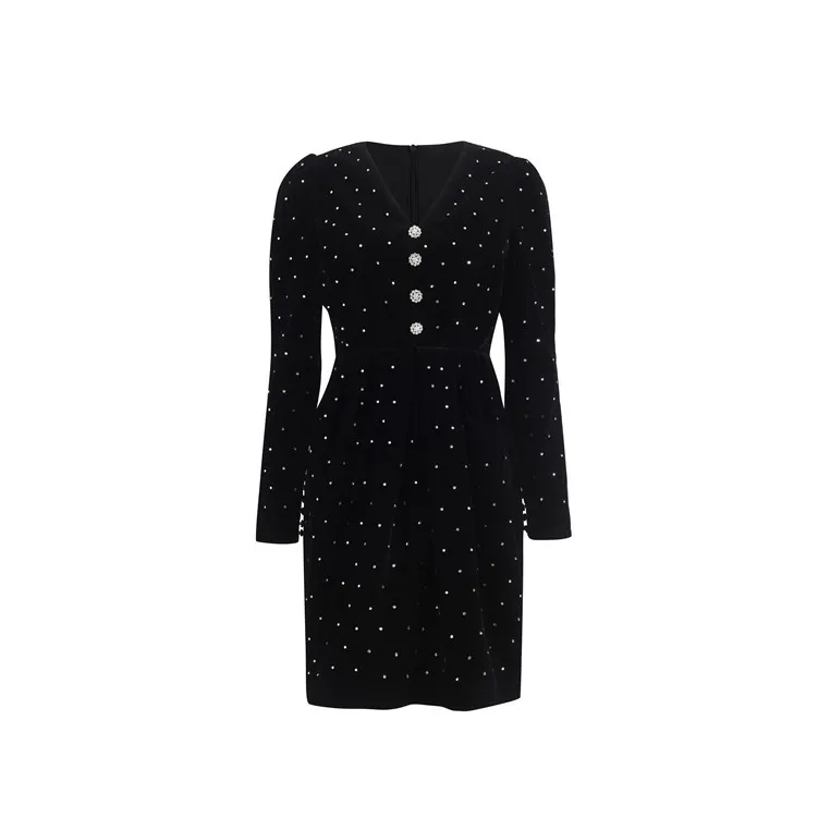 

2020 Autumn and Winter New Style Commuter Fashion Feminine V-neck Long-sleeved Slim Velvet Women Dress