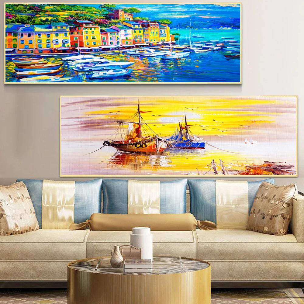 

Nordic abstract oil painting seaside town and sailboat canvas painting office living room corridor home decoration mural