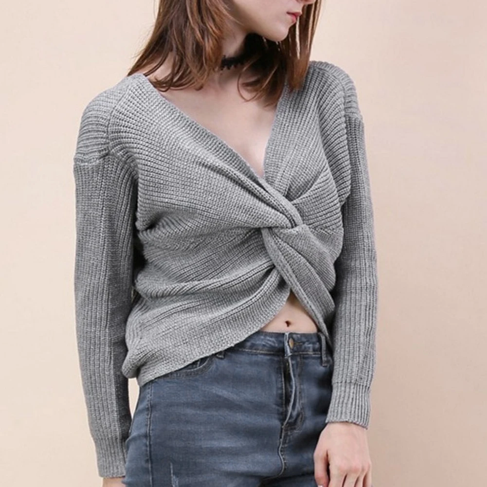 Свитер женский однотонный с V-образным вырезом и узлом на спине теплый свободный |