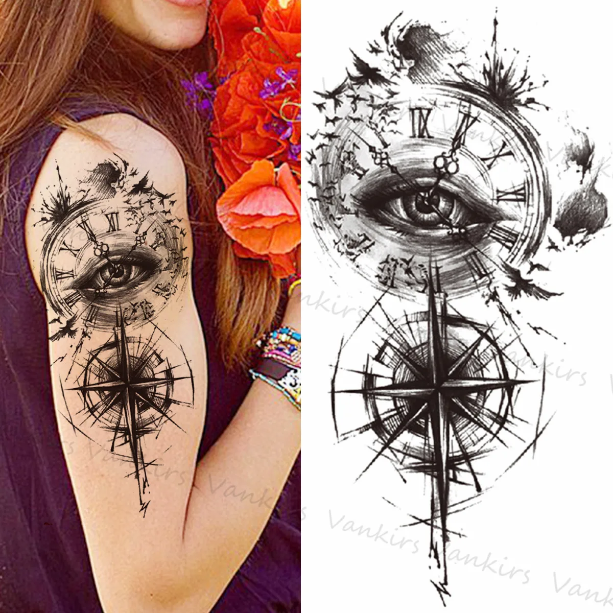 Временные татуировки с цветами для женщин и девушек реалистичные компасы