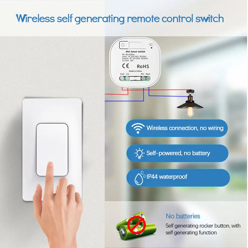 

Wireless Switch Kinetic Self-Powered Wall Switch No Battery Needed, Lighting Remote Control up to 100m, No Wire, Easy to Install