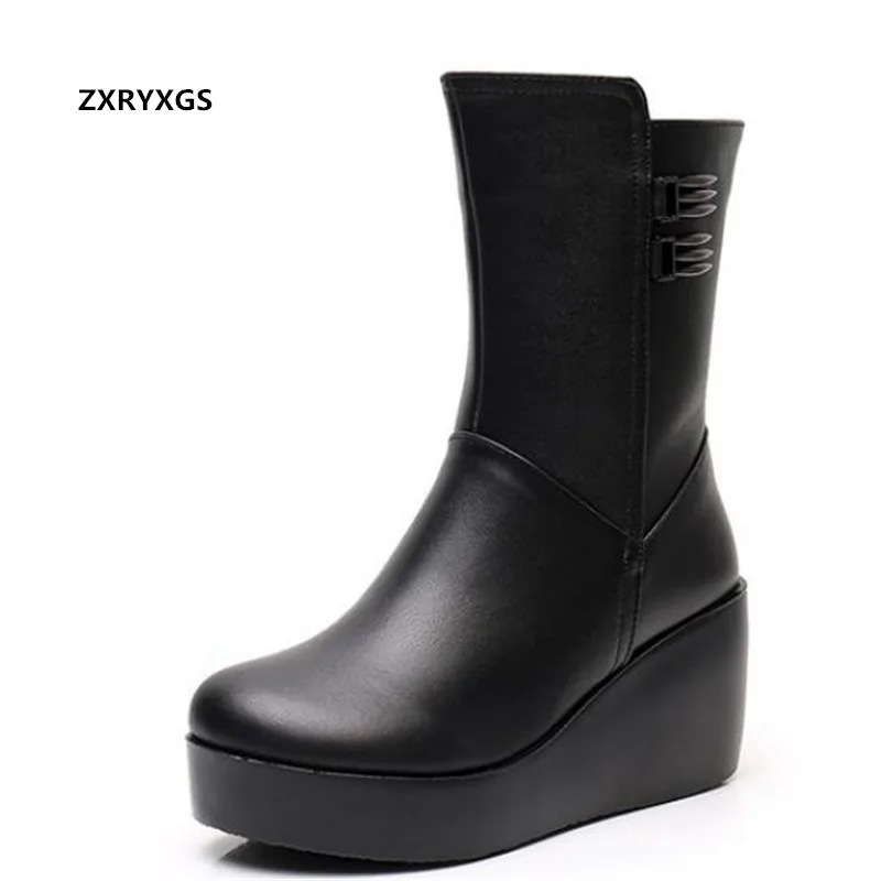 

2023 New Classic Top Cowhide Autumn Winter Women's Boots Platform Wedges White Mid-tube Boots To Increase Warmth Cotton Boots