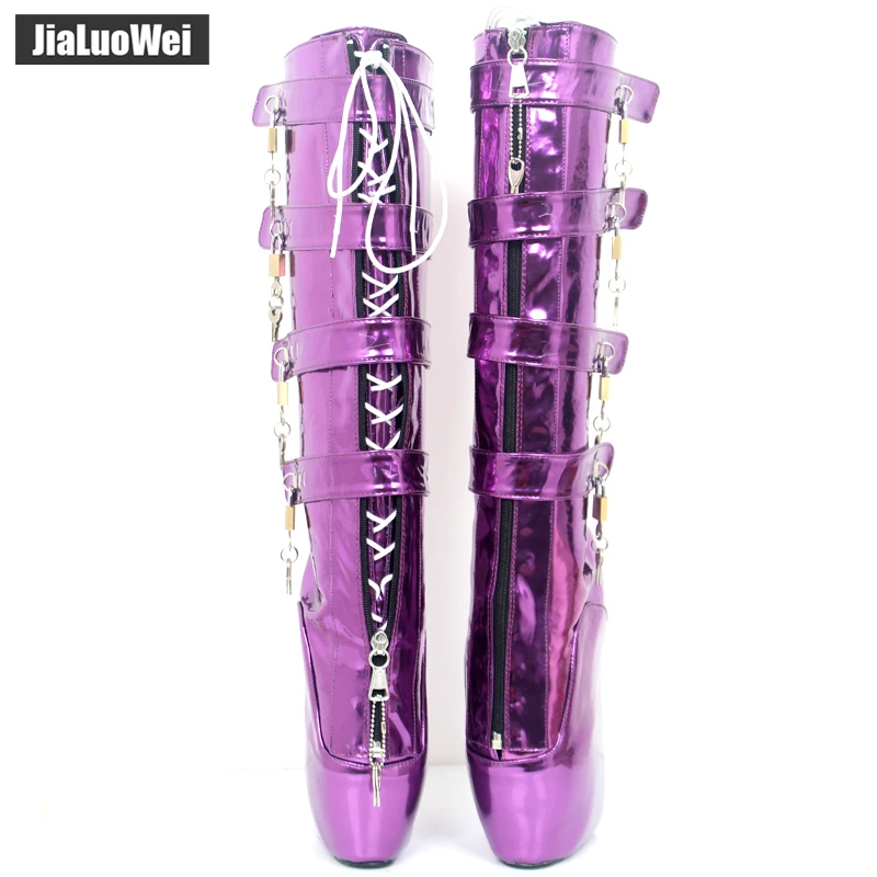 18CM Extreme High Heel Platform Lace-up Lockable Zip Padlock Buckle Strap Sexy Fetish Knee-High Boots Metallic Purple | Обувь