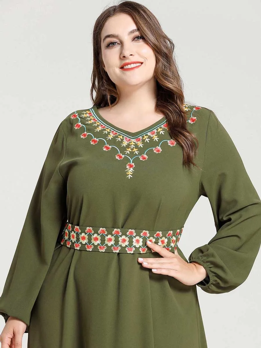 

Islamic Clothing Women Muslim Maxi Dress Plant Embroidery Belt V-neck Dubai Turkey Middle East UAE Moroccan Kaftan Long Dresses
